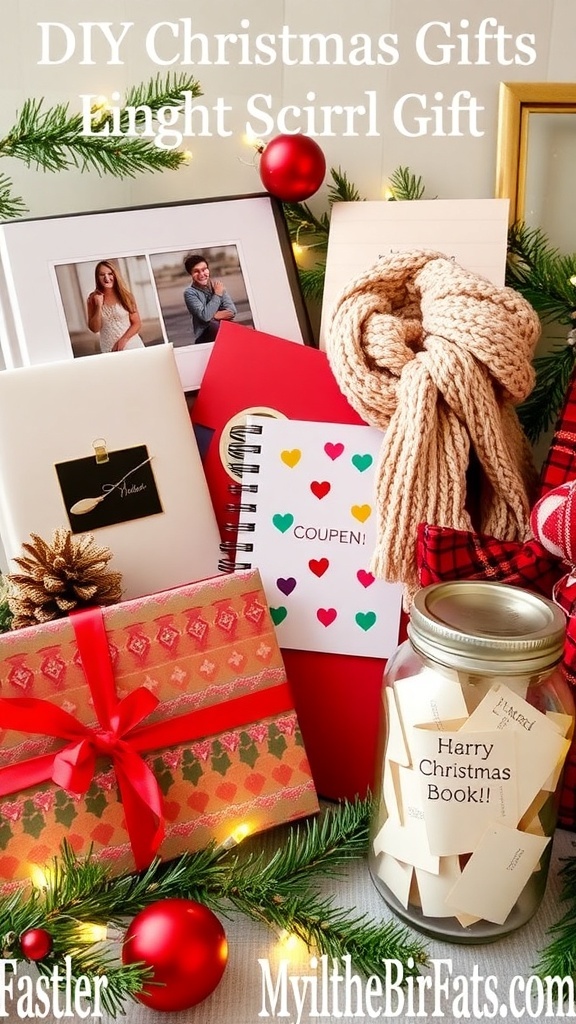 A collection of DIY Christmas gifts including a photo album, scarf, coupon book, and memory jar on a festive table.